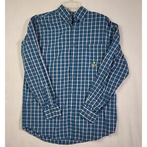 Wrangler Riata Men Size Medium Shirt Blue Green Plaid Long Sleeve Embroidered